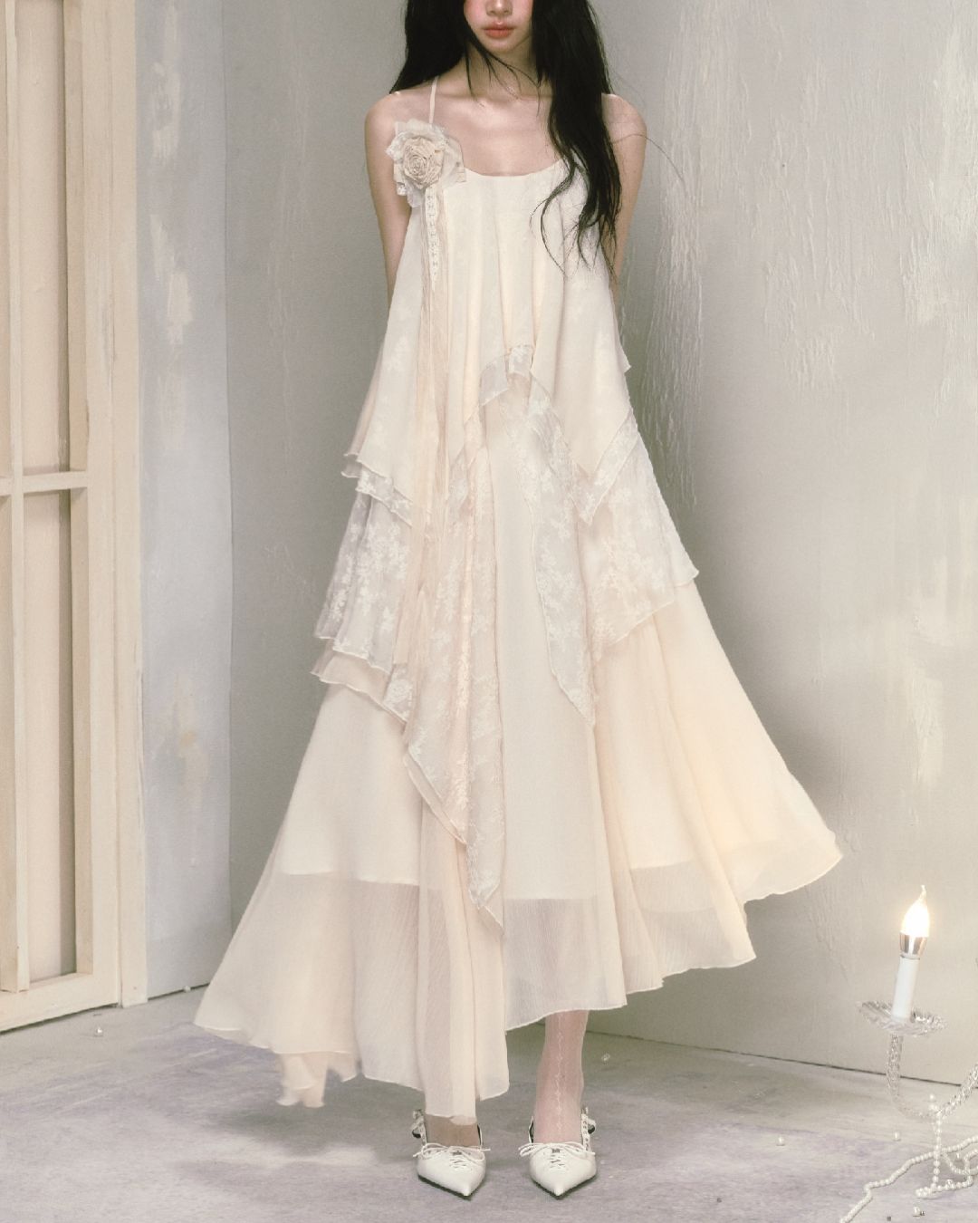 Rose Brooch Lace Asymmetrical Dress　DR013