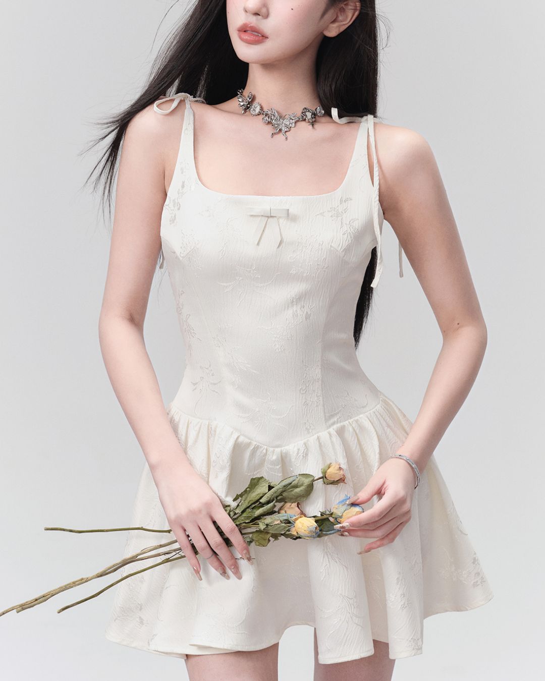 Jacquard Ribbon Camisole Mini Dress　DR022