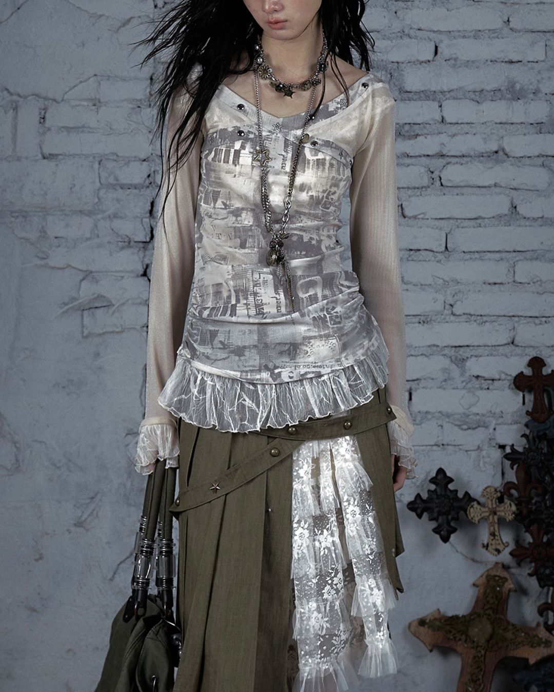 Cross Stitch Sheer Switching Top　TP044