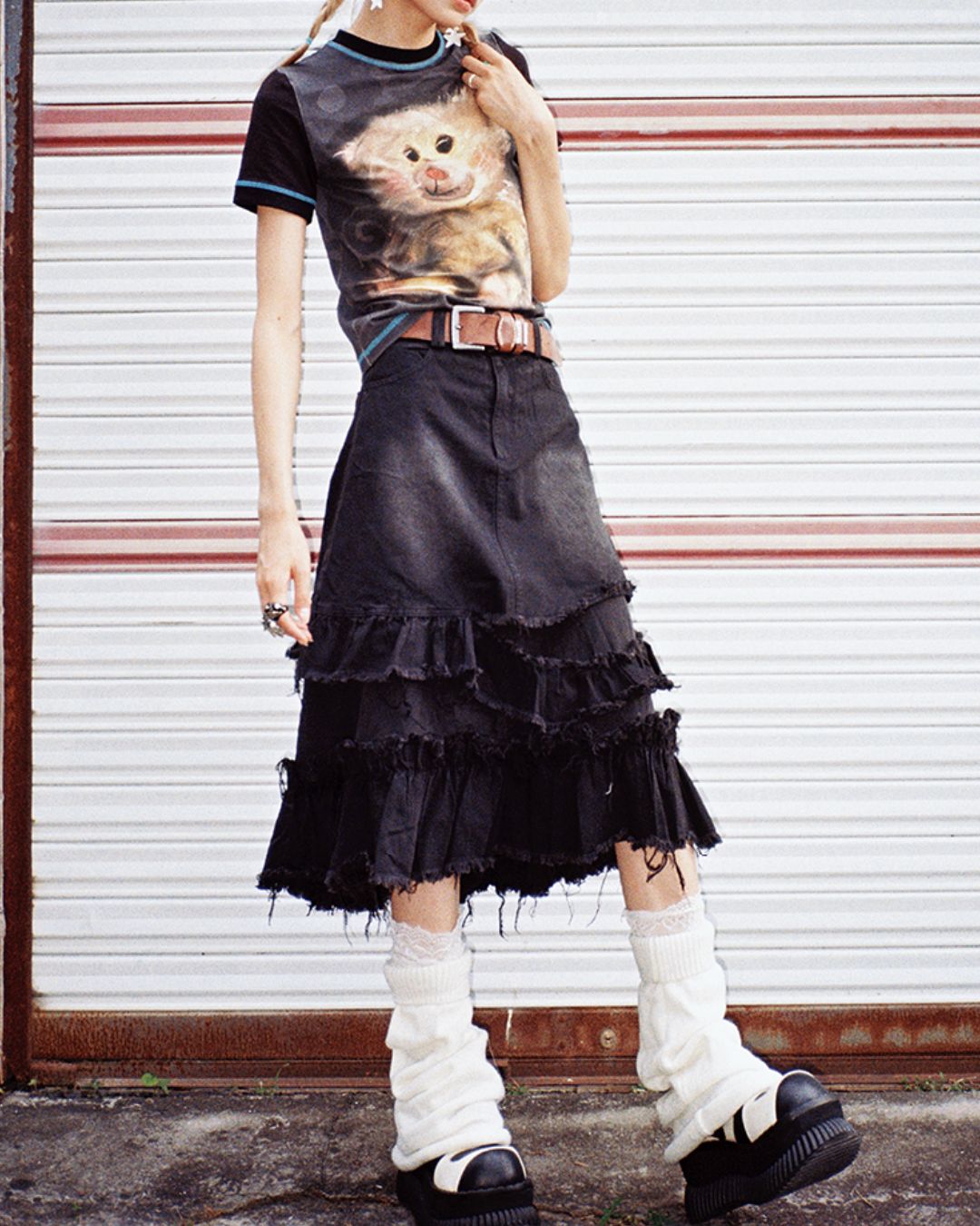 Distressed Denim Frill Midi Skirt　BT021