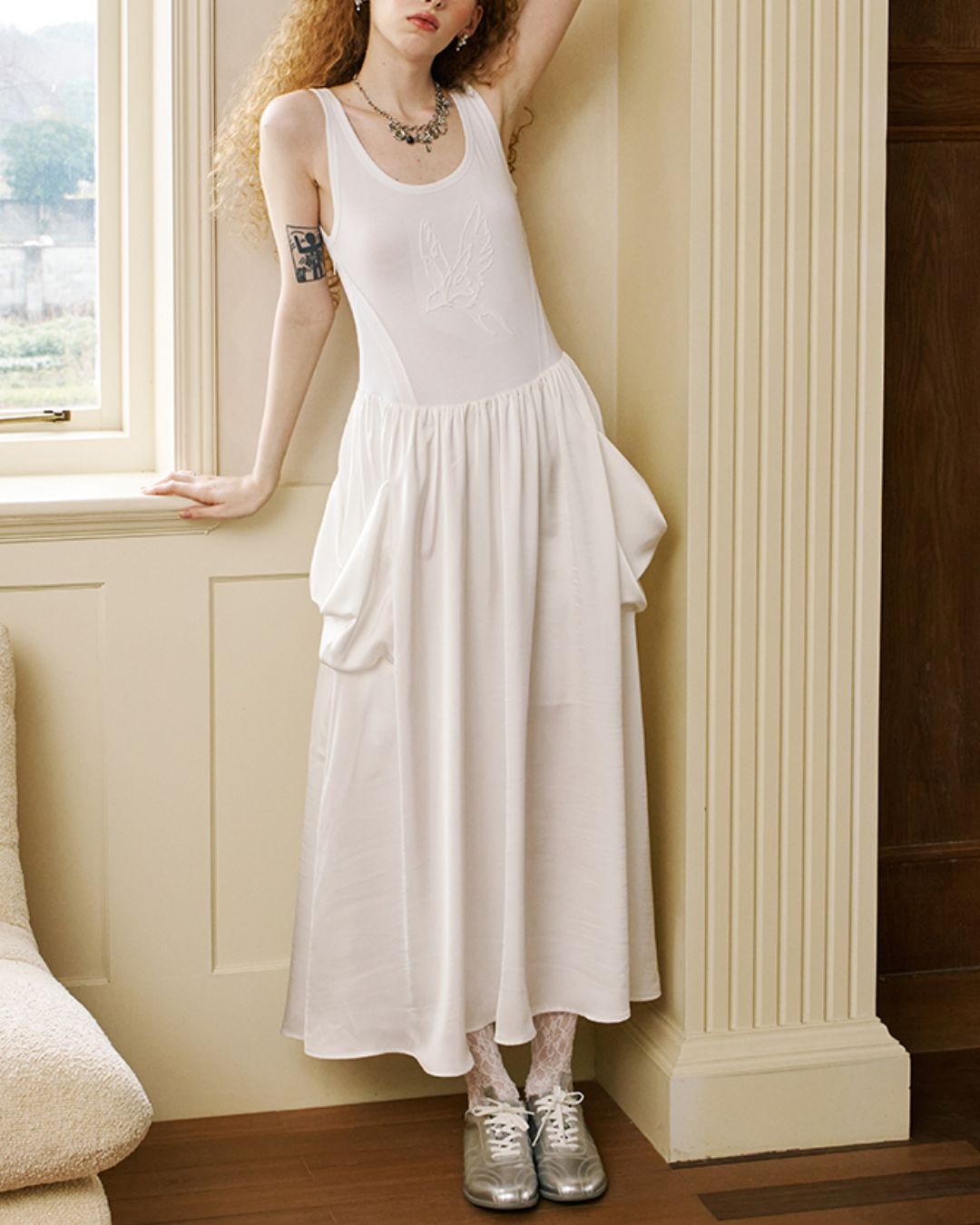 Swallow Embroidery Big Pocket Long Dress　DR036