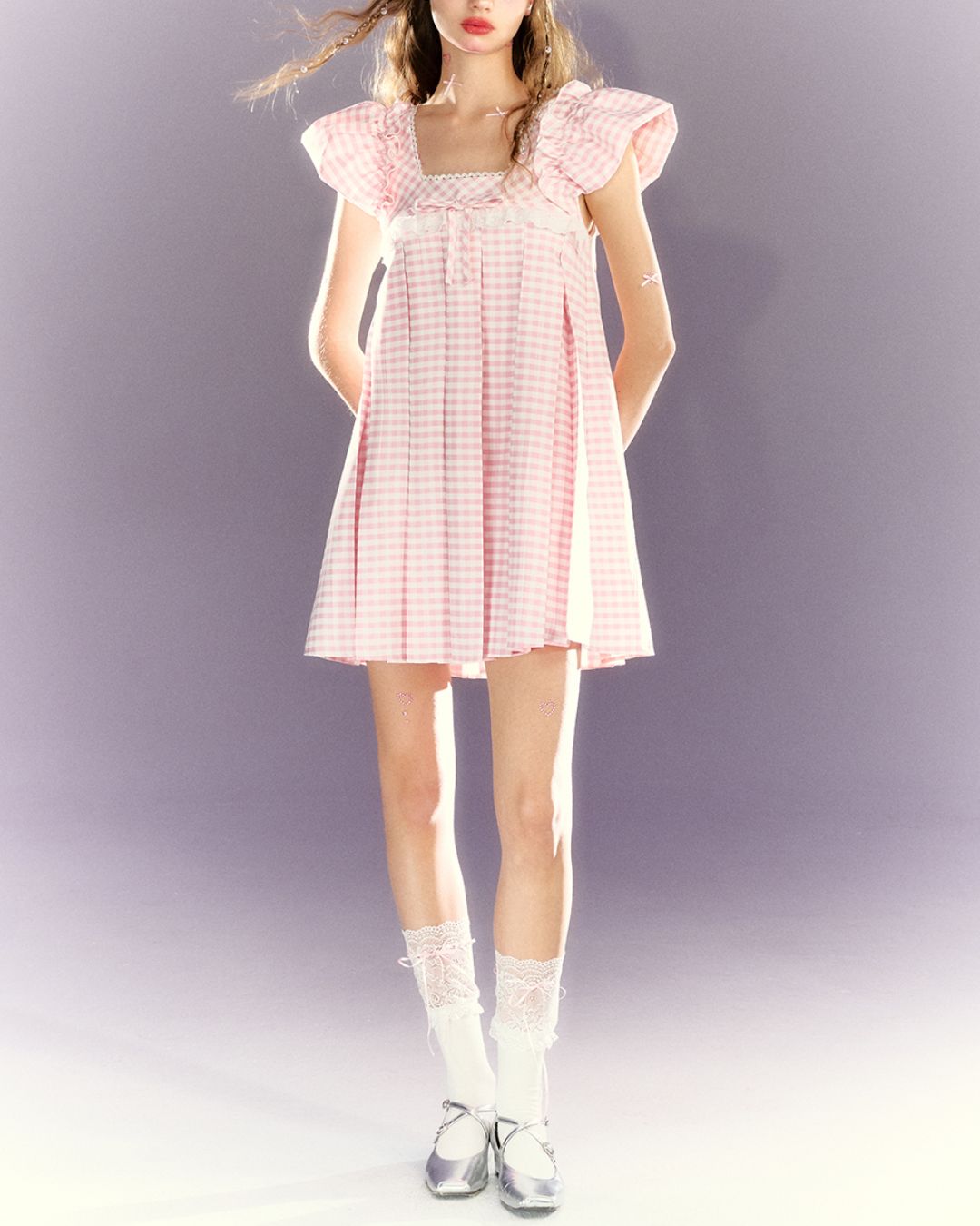 Puff sleeve Gingham Check Mini Dress　DR026