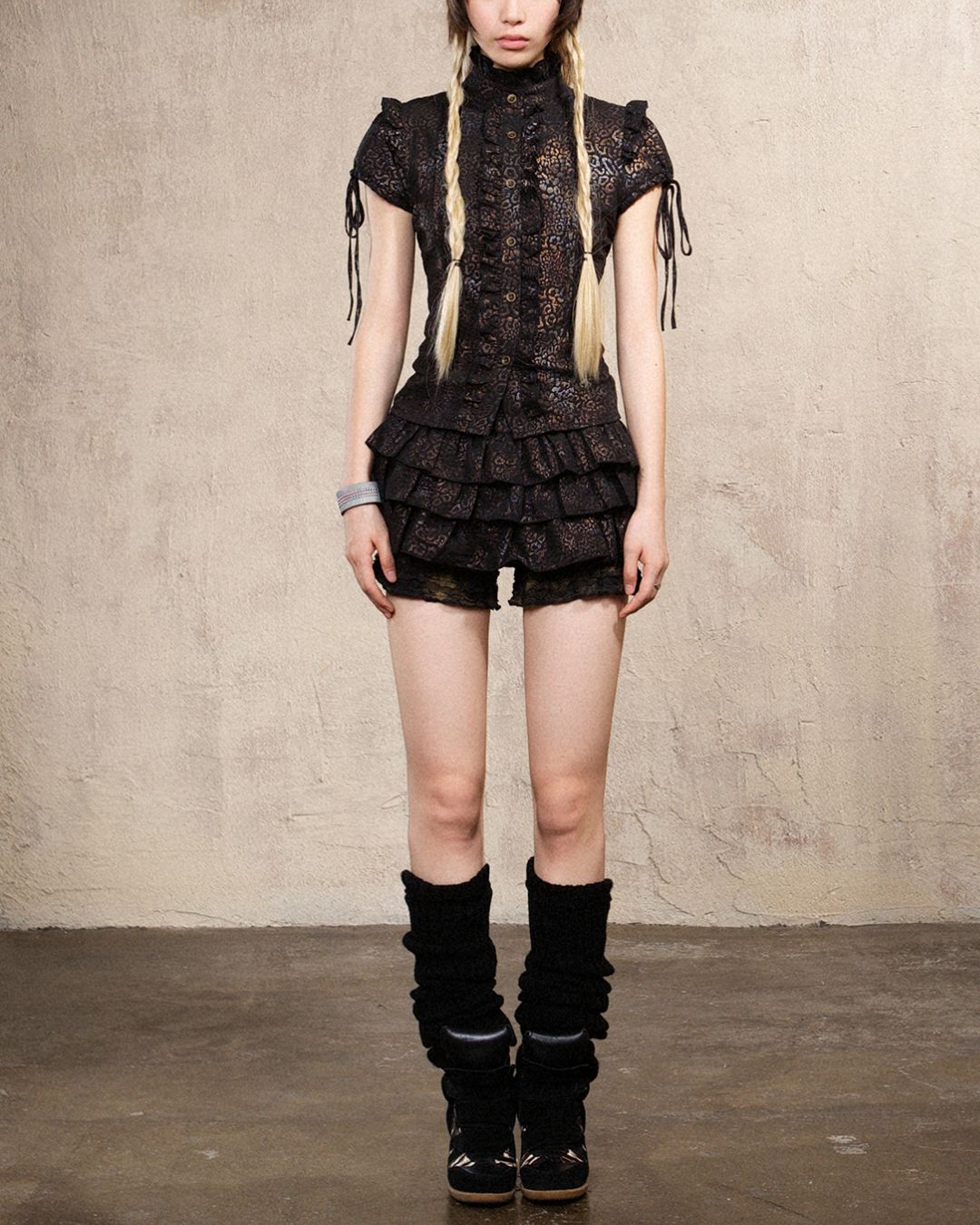 Stand Collar Leopard Print Frill Shirt　TP051