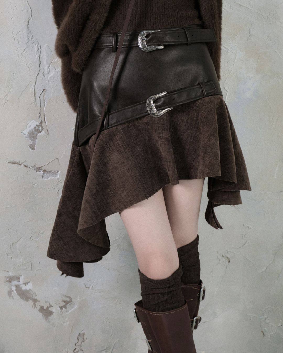 Leather And Suede Metallic Belt Asymmetric Skirt　BT019