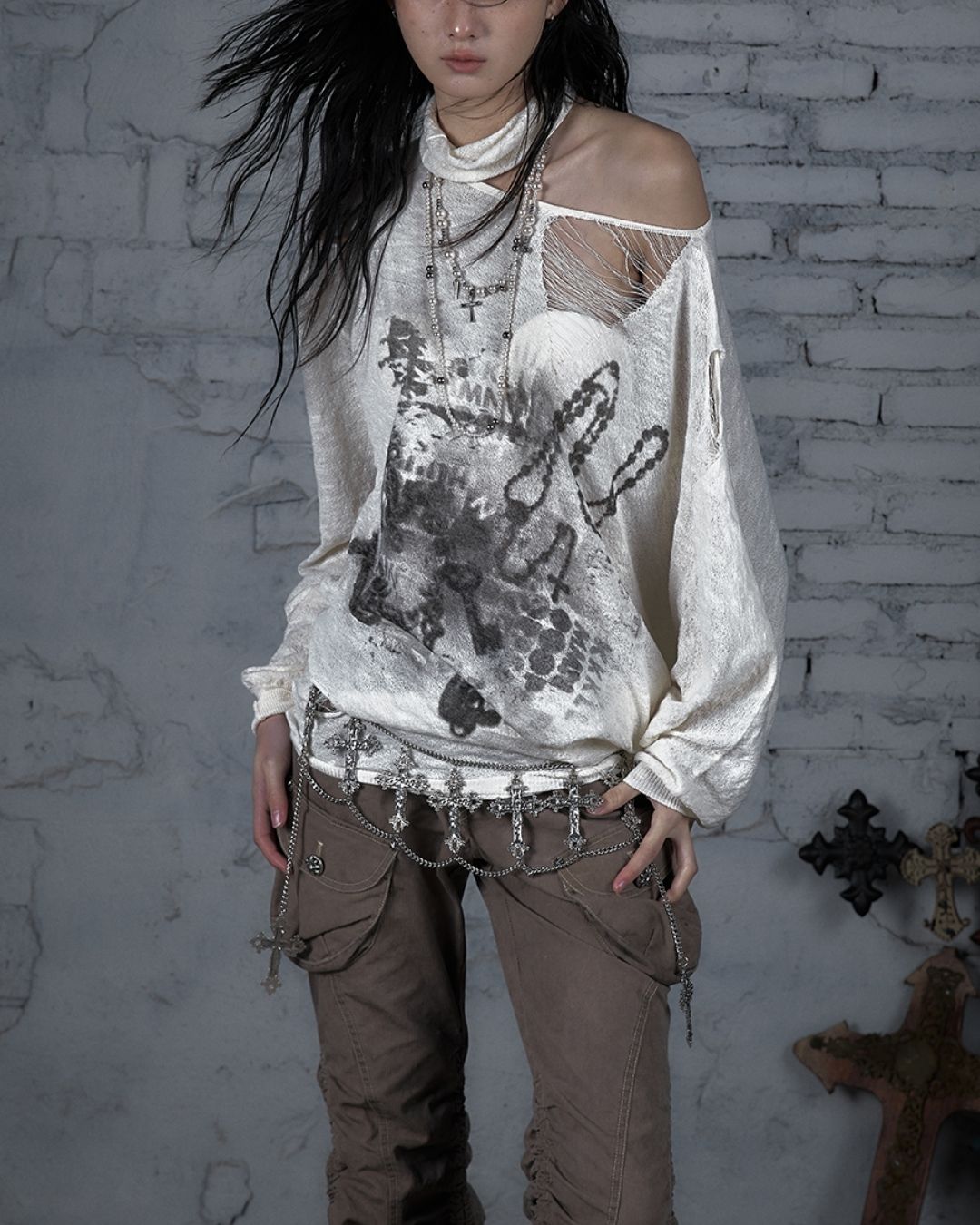 Distressed Open Shoulder Summer Knit　TP042