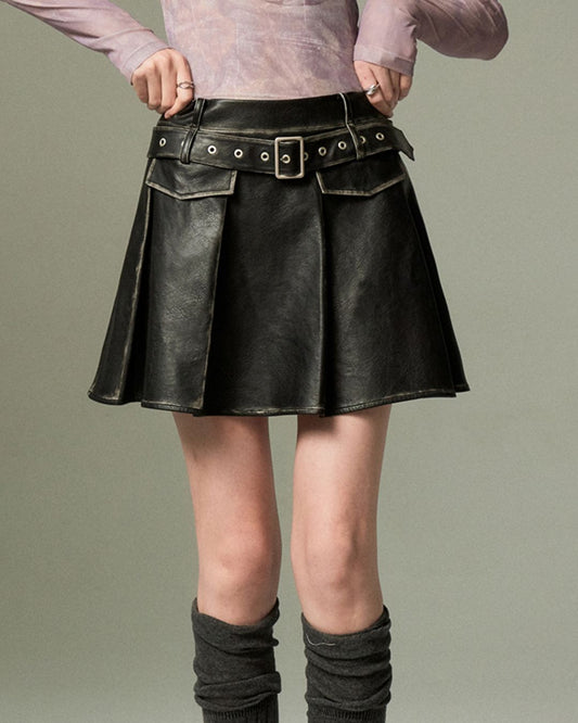 Belted Retro Pleated Leather Skirt　BT001