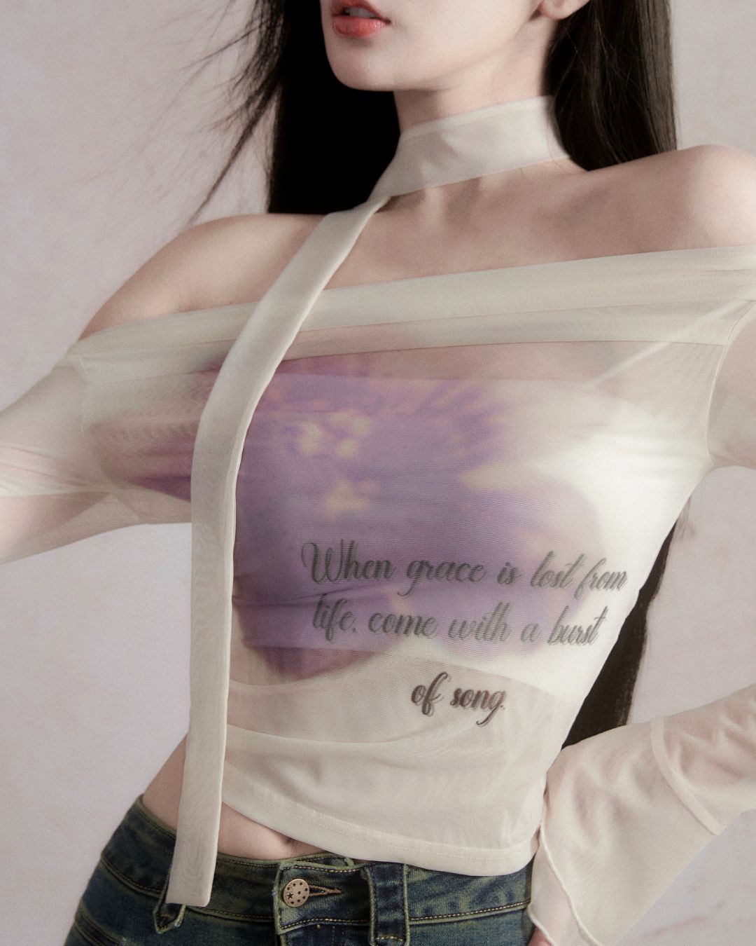 Sheer Flower Off-Shoulder Top　TP026