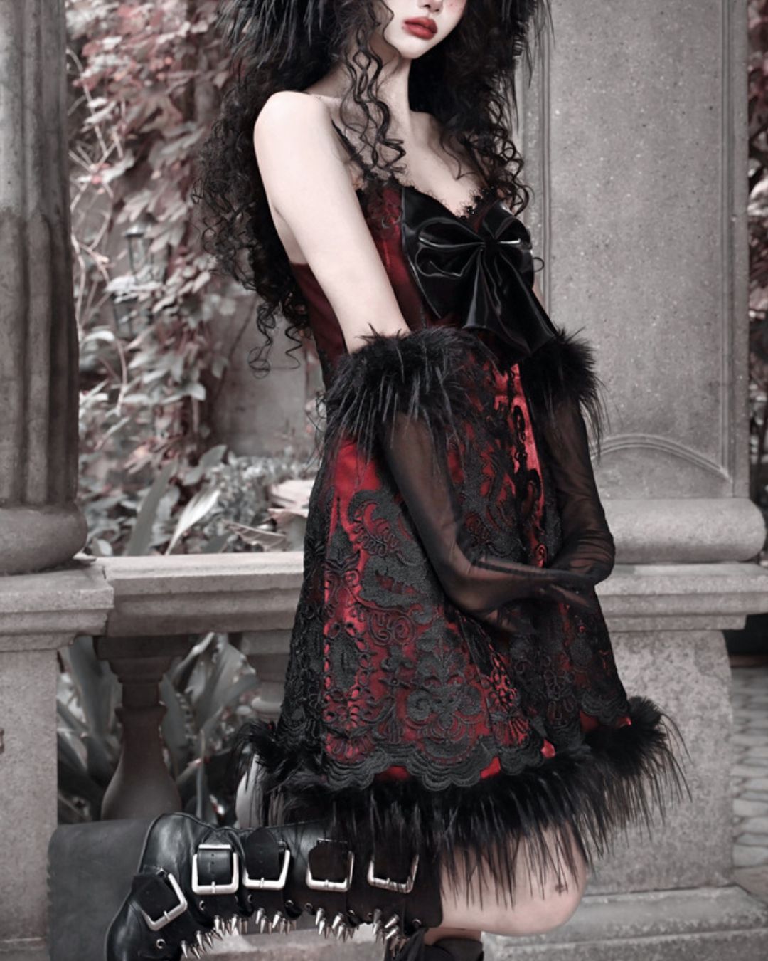 Black Lace Leather Ribbon Dress　DR034