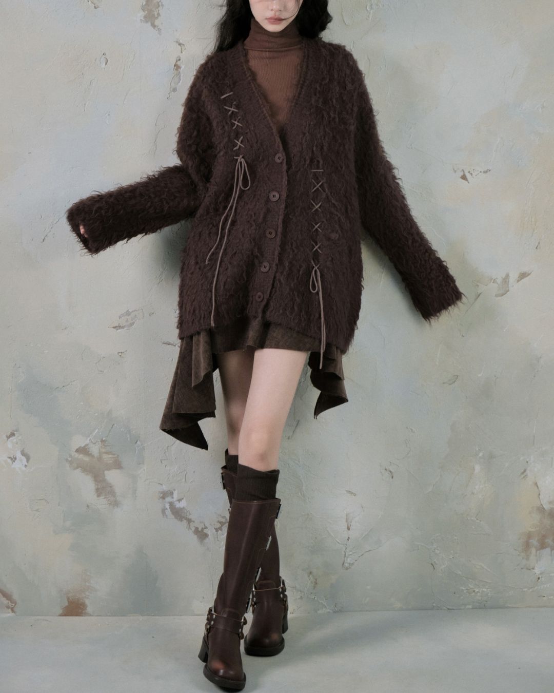 Leather And Suede Metallic Belt Asymmetric Skirt　BT019