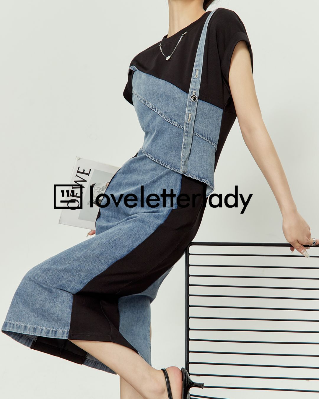 Denim Switching French Sleeve Dress　DR045