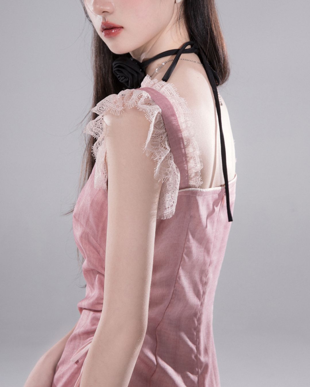 Side Waist Drawstring Lace Embellished Long Dress　DR042