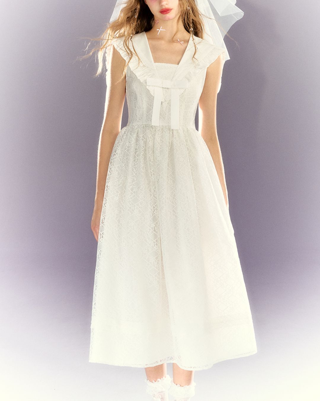 White Lace Sailor Collar Dress　DR023