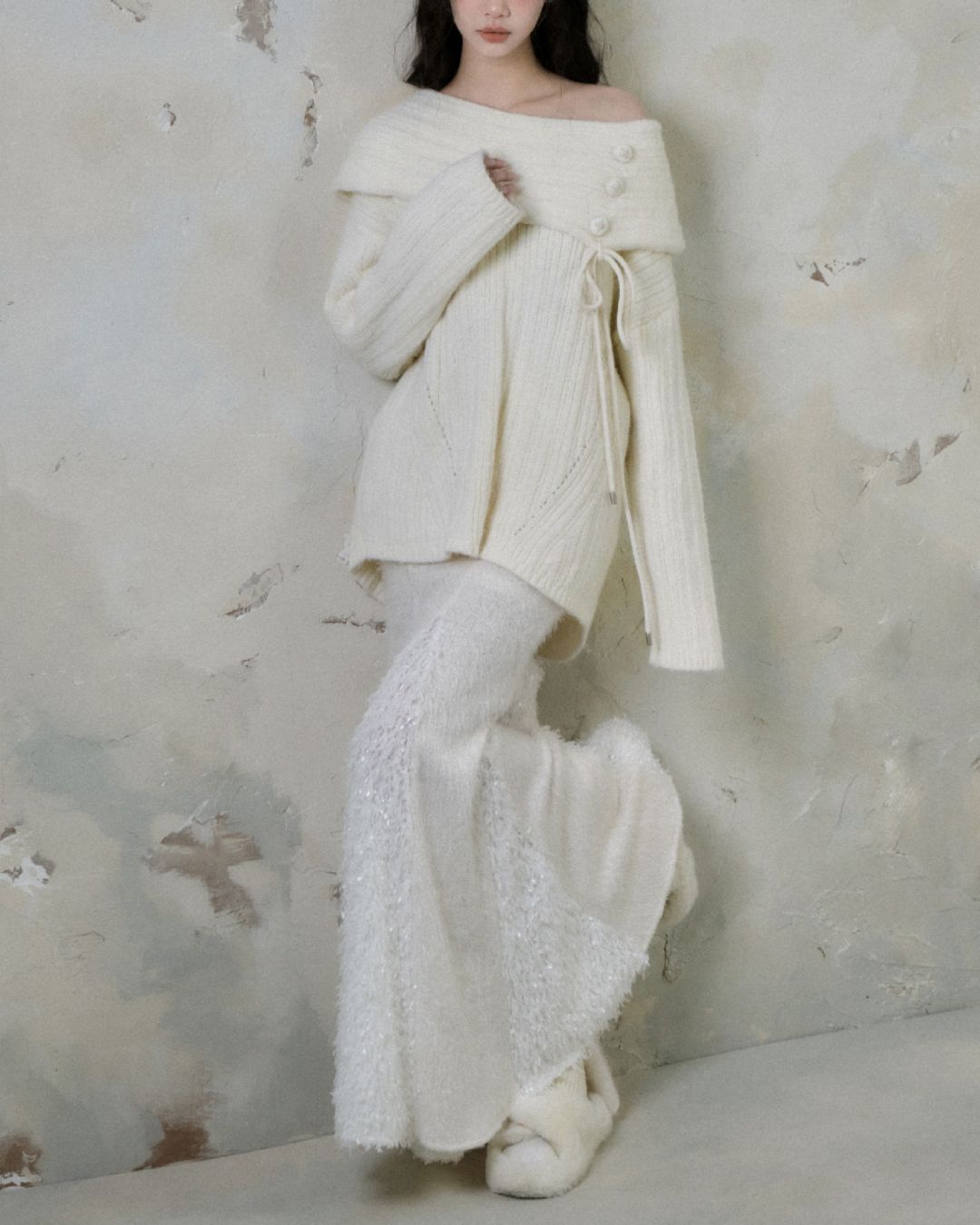 Button Ribbon Off Shoulder Knit　TP022