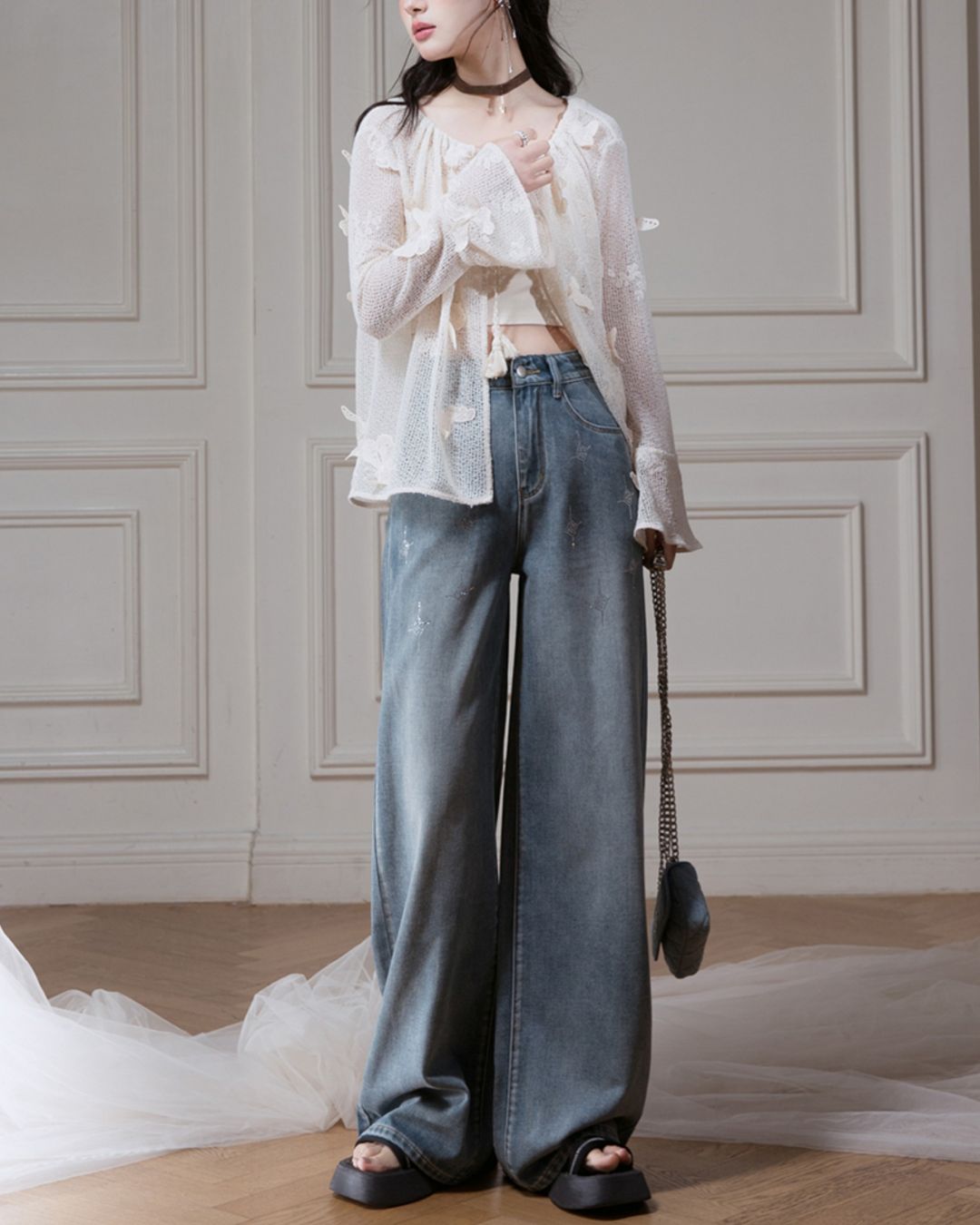 Rhinestone Decorated Wide Denim Pants　BT031