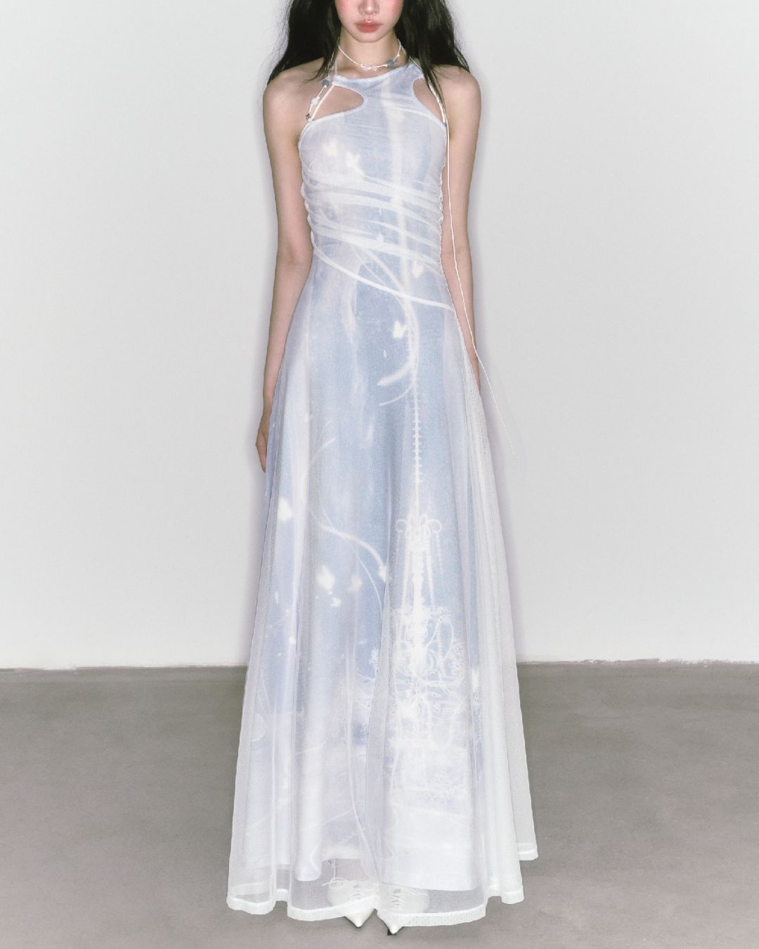 Mesh Print Beaded Halter Neck Long Dress　DR014