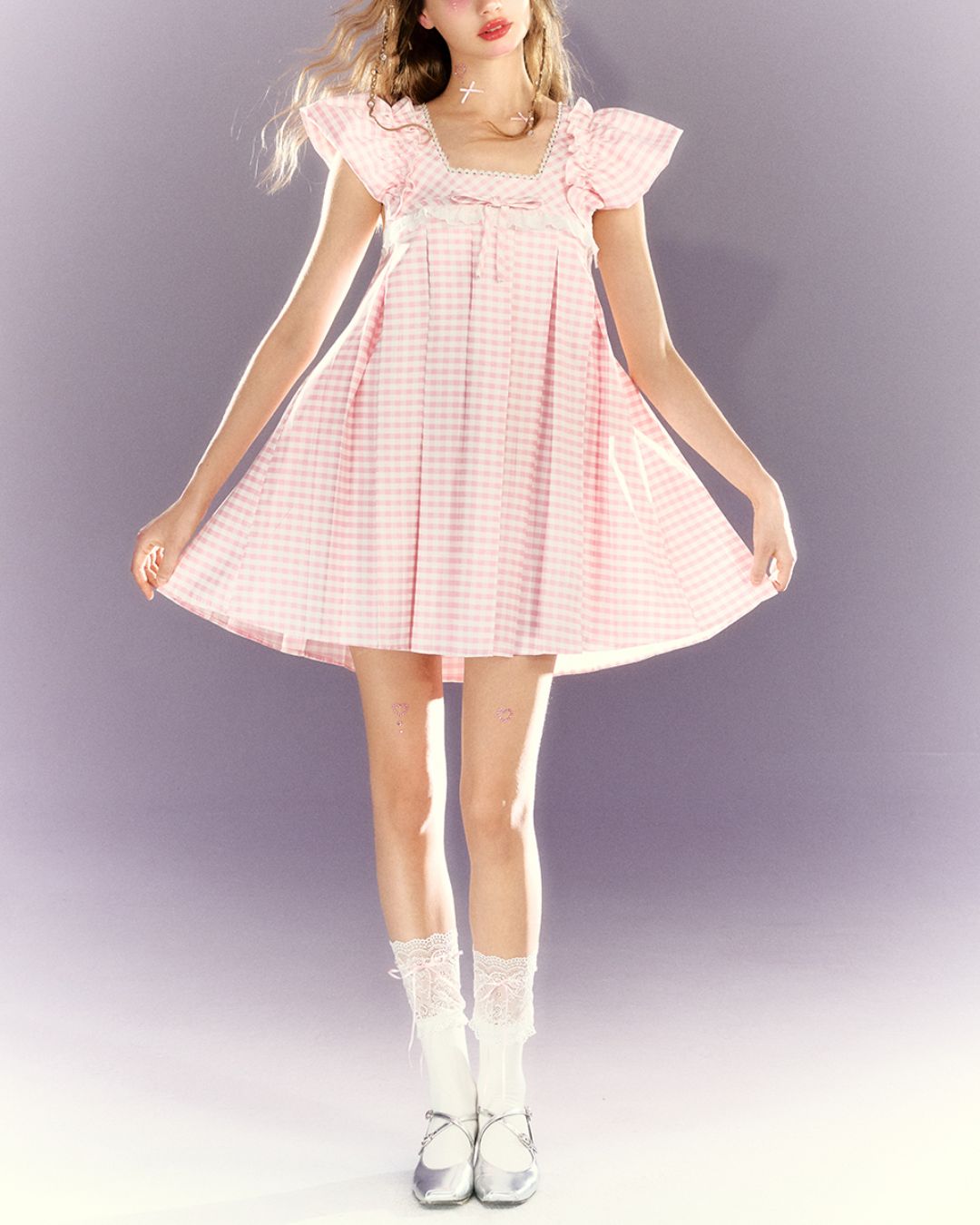 Puff sleeve Gingham Check Mini Dress　DR026