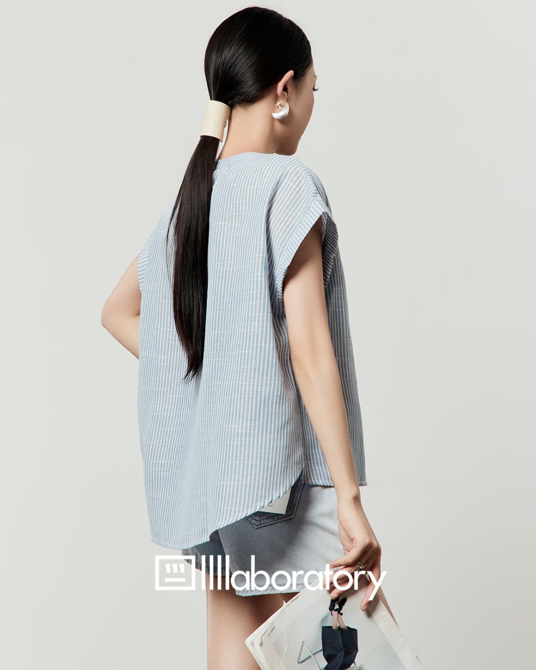 Blue Striped Collarless Shirt　TP058