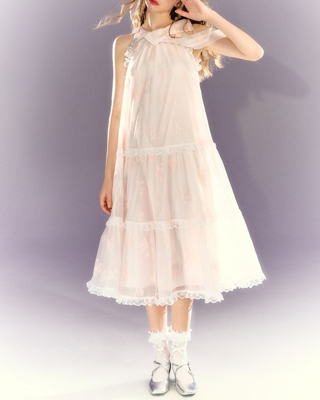 Halter Neck Floral Tiered Lace Long Dress　DR025