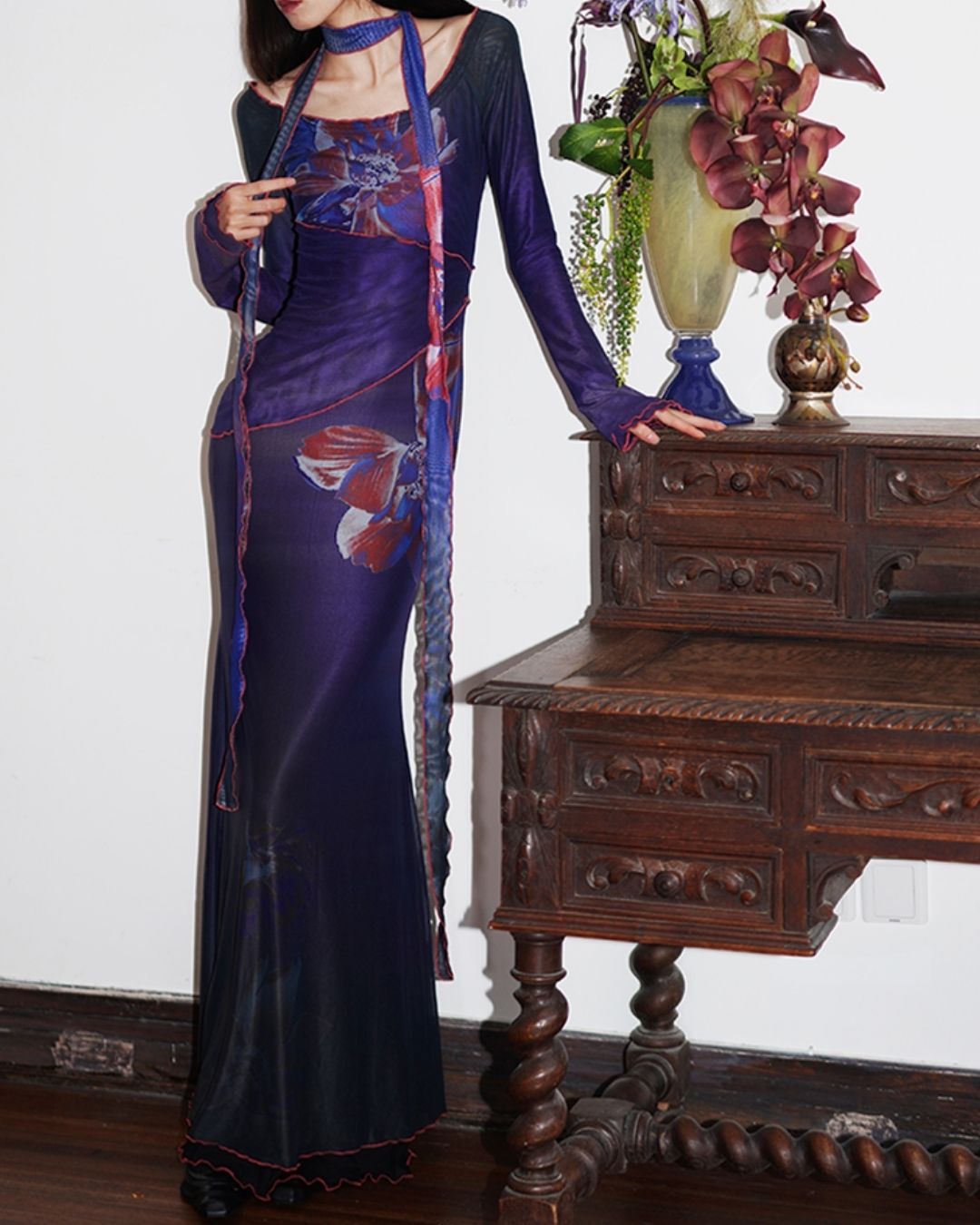 Flower Printed 2-way Long Dress　DR016