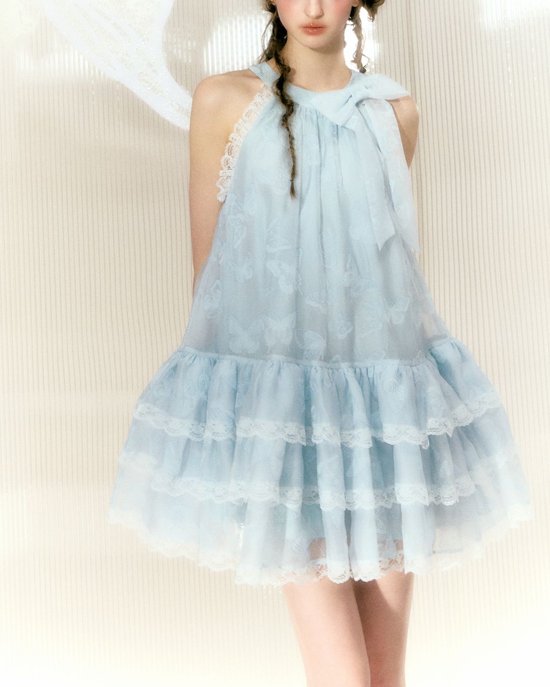 Halter Neck Butterfly Print Organza Lace Mini Dress　DR028