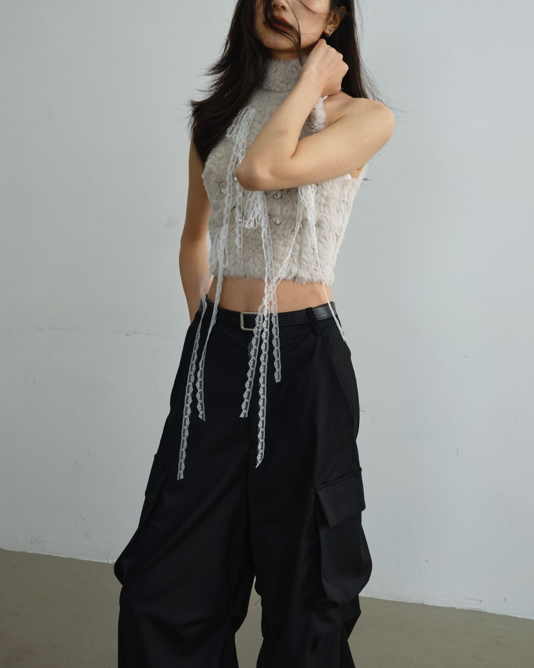 Beaded Sleeveless Fur Top　TP011