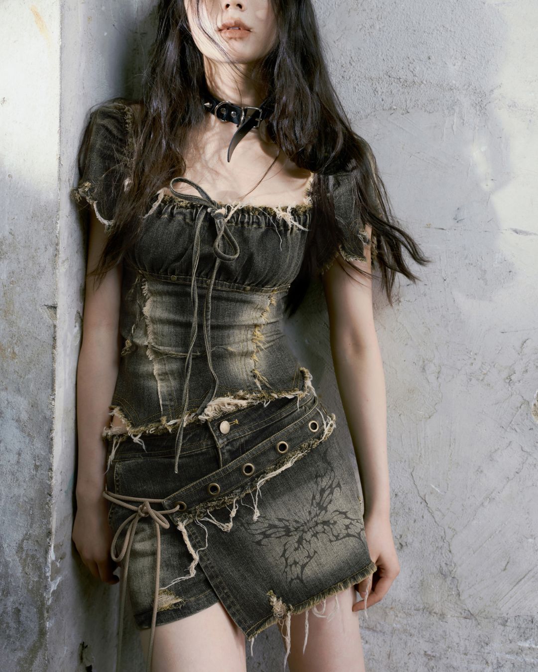 Washed Denim Puff Sleeves Top　TP029