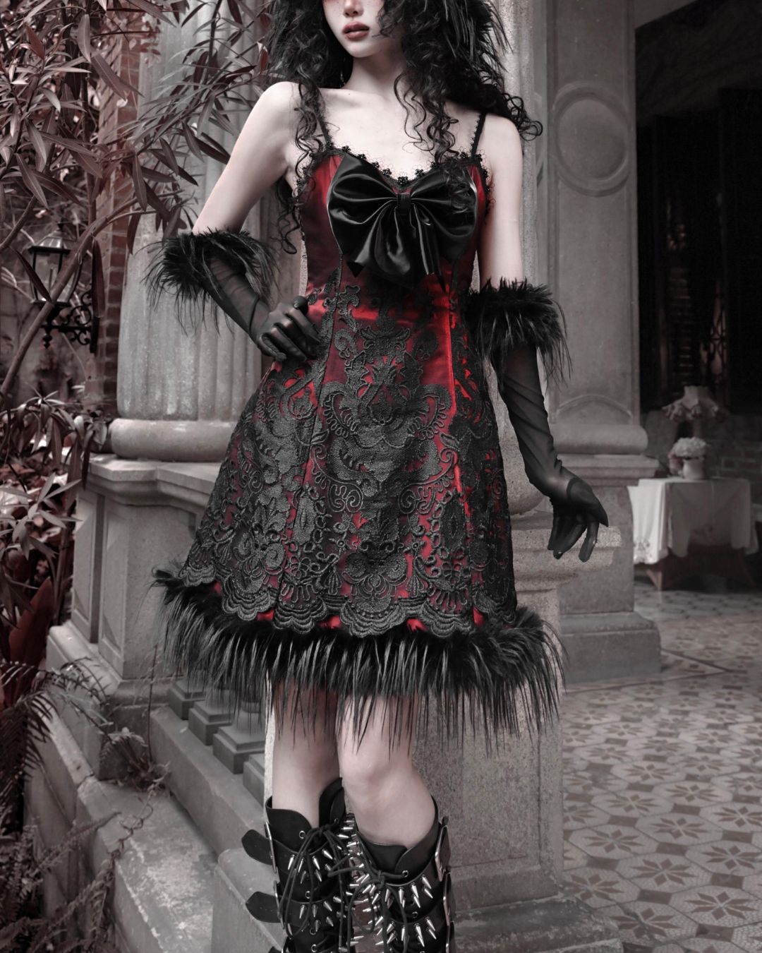 Black Lace Leather Ribbon Dress　DR034