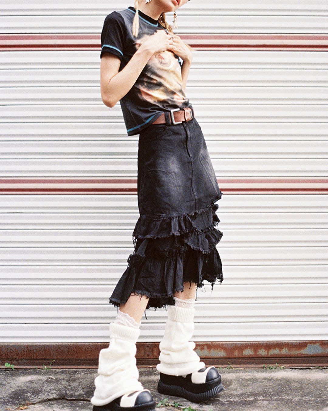 Distressed Denim Frill Midi Skirt　BT021