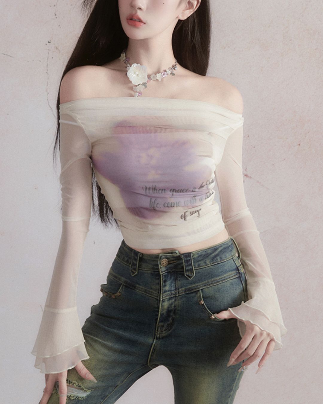 Sheer Flower Off-Shoulder Top　TP026