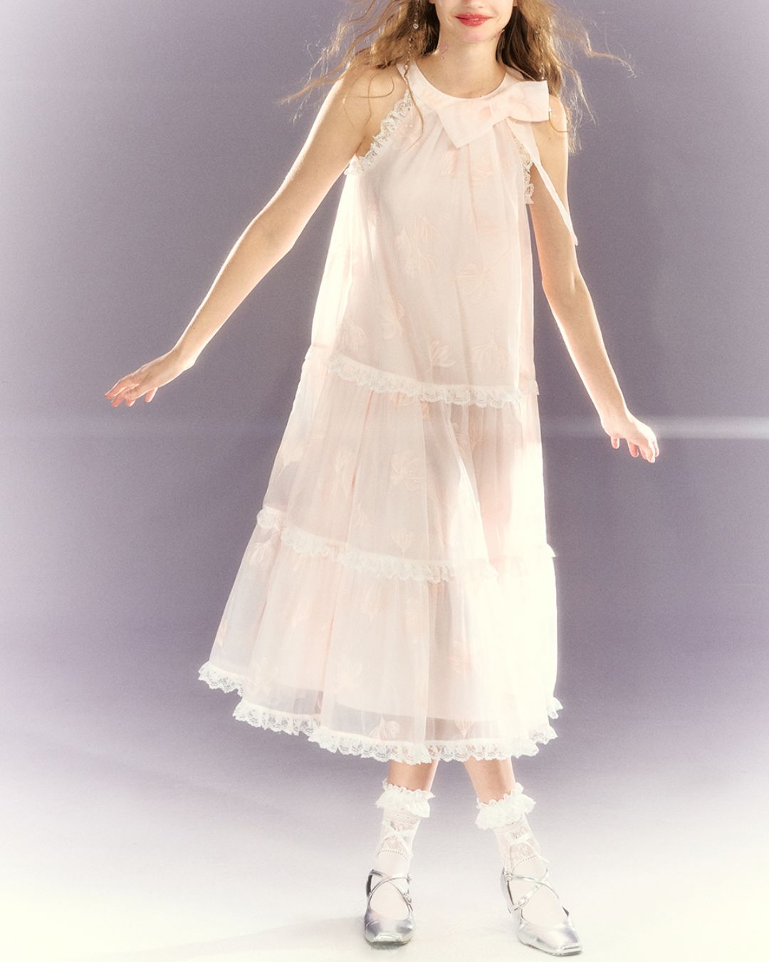 Halter Neck Floral Tiered Lace Long Dress　DR025