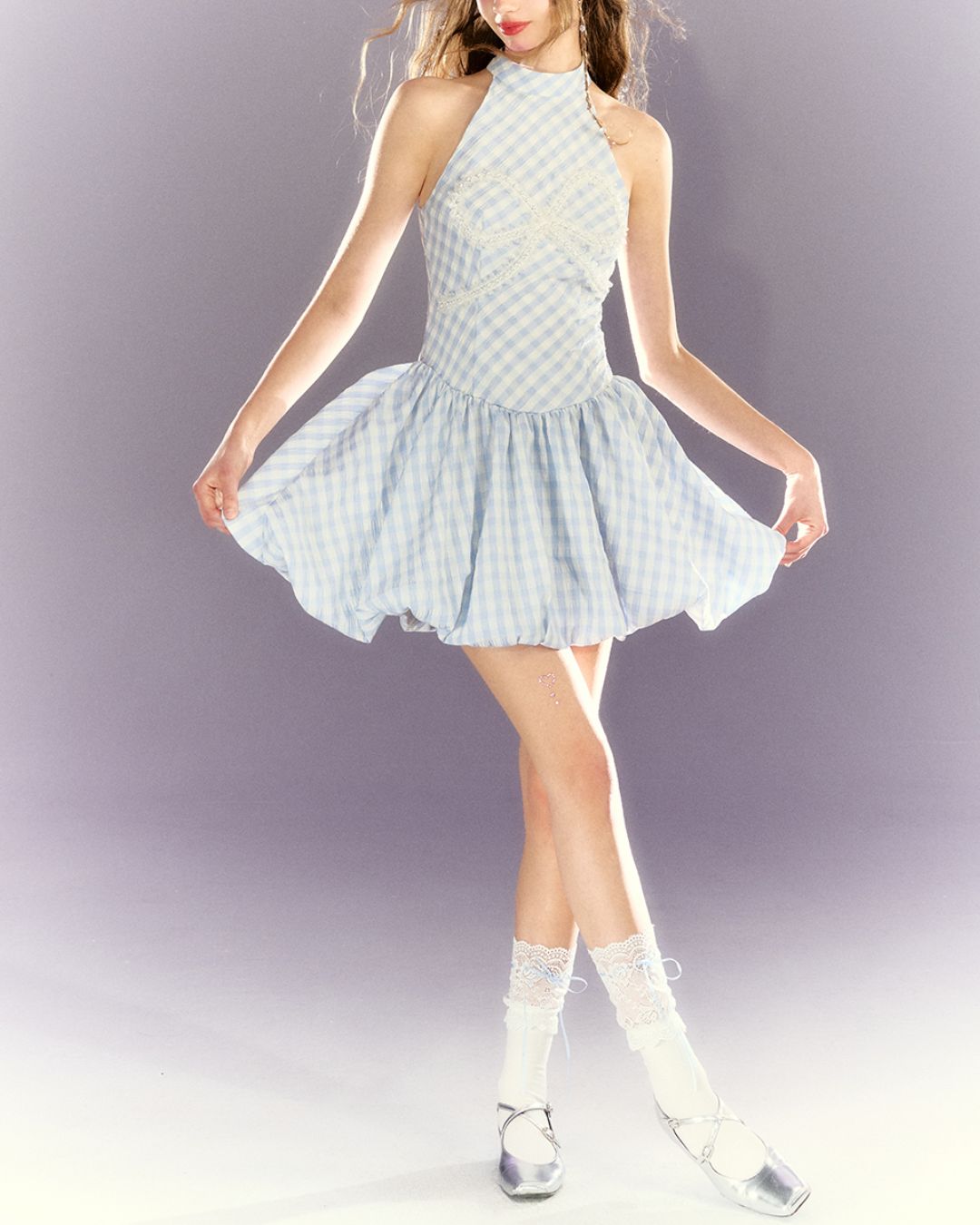 Pearl Lace Ribbon Balloon Mini Dress　DR027