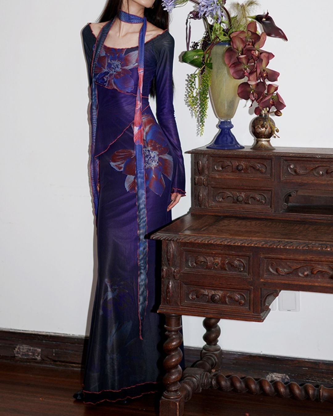 Flower Printed 2-way Long Dress　DR016