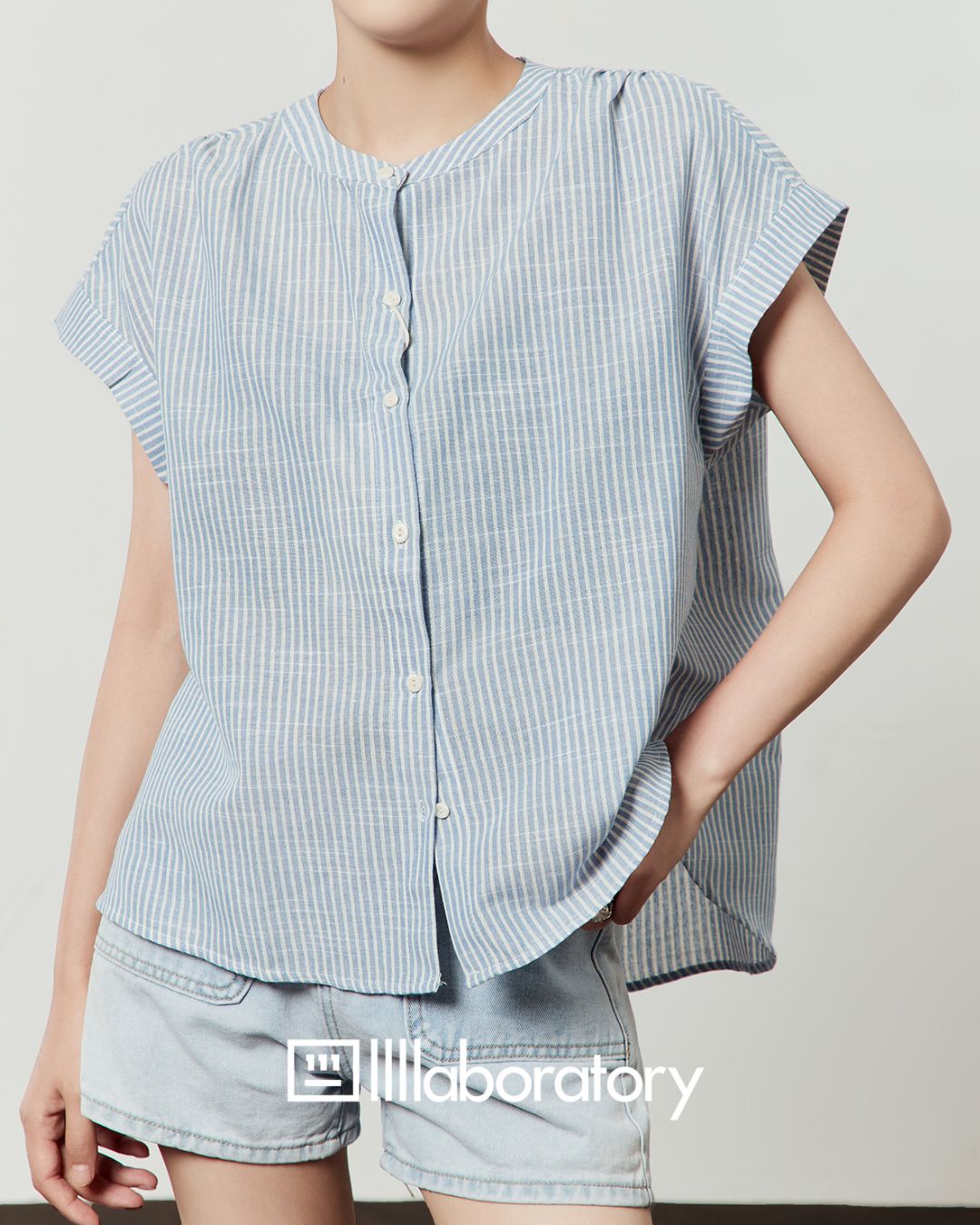 Blue Striped Collarless Shirt　TP058