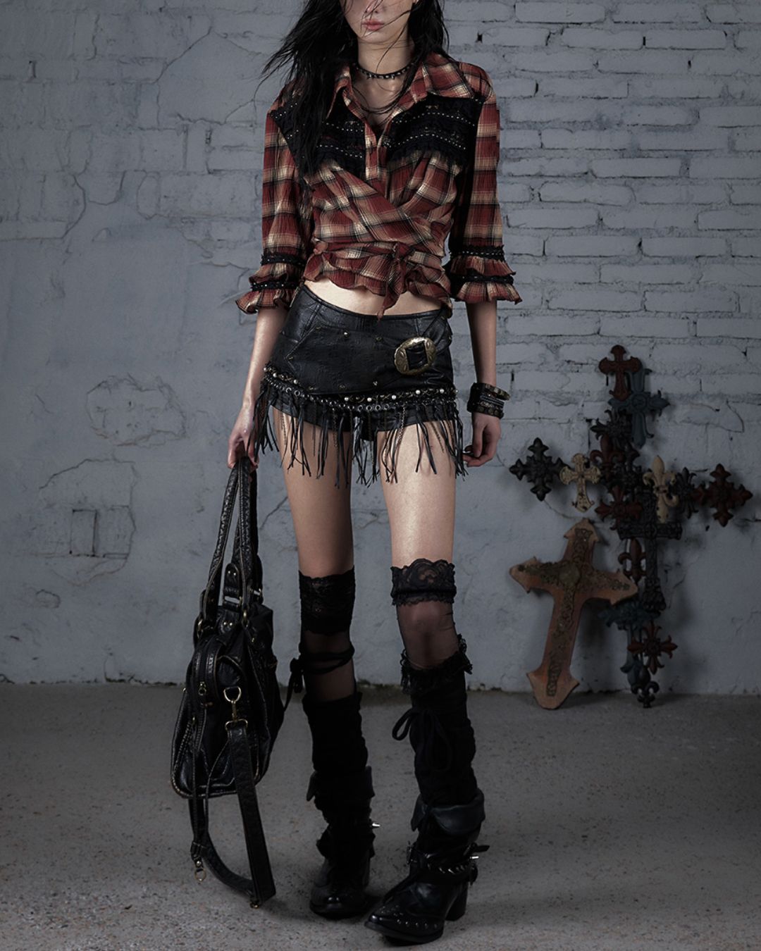 3/4 Sleeve Front Tie Check Shirt　TP043