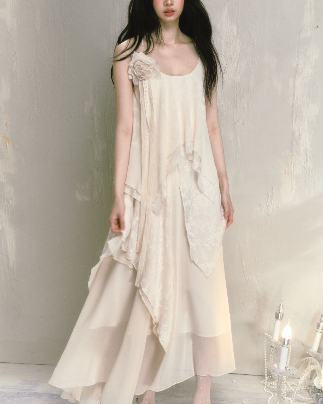 Rose Brooch Lace Asymmetrical Dress　DR013