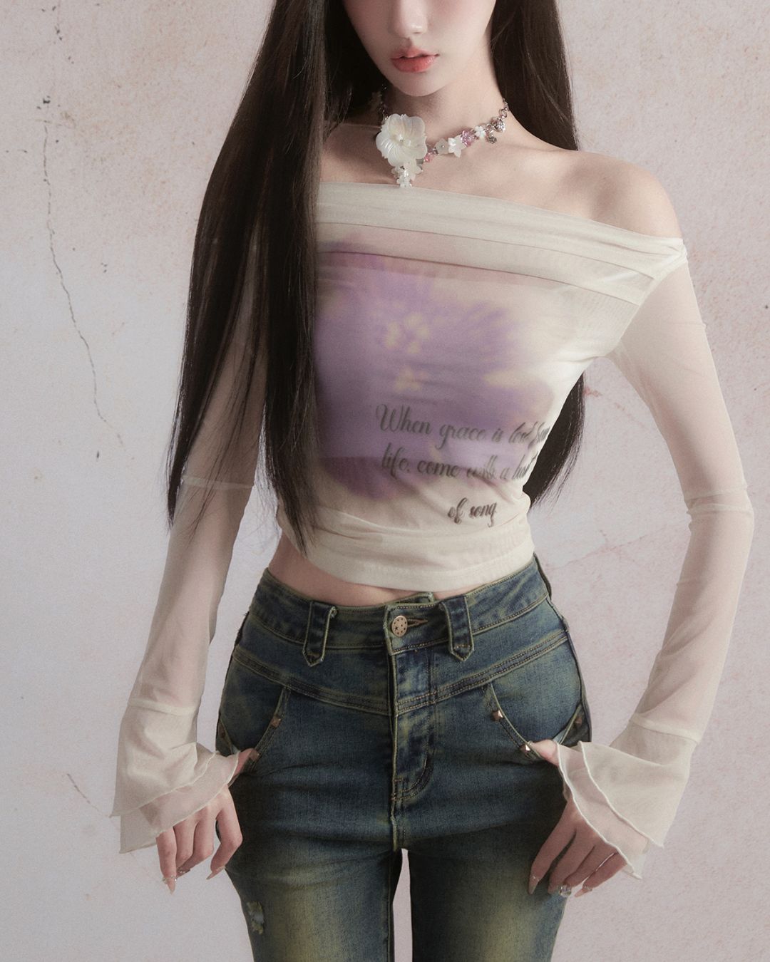 Sheer Flower Off-Shoulder Top　TP026