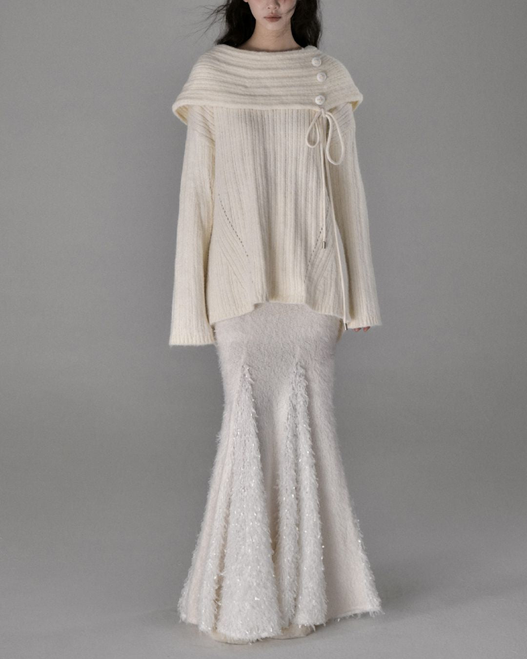 Button Ribbon Off Shoulder Knit　TP022