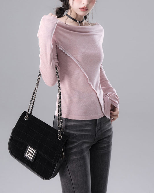 Draped Boat Neck Lace Seam Top　TP046