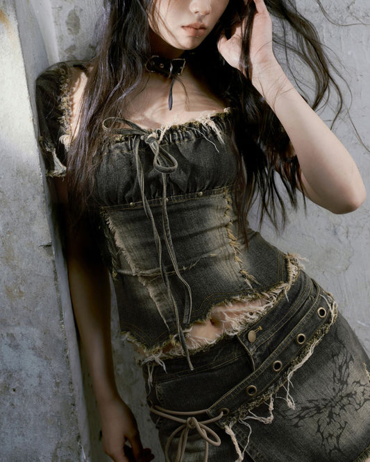 Washed Denim Puff Sleeves Top　TP029