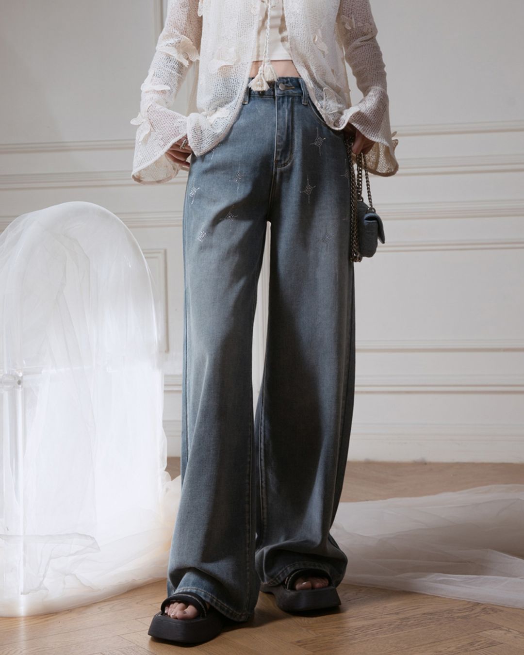 Rhinestone Decorated Wide Denim Pants　BT031