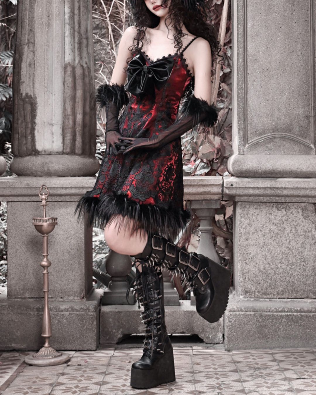 Black Lace Leather Ribbon Dress　DR034