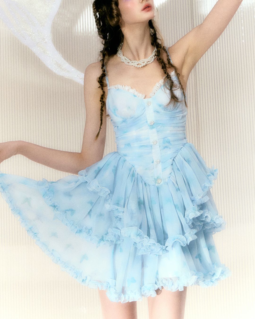 Butterfly Print Chiffon Camisole Mini Dress　DR030