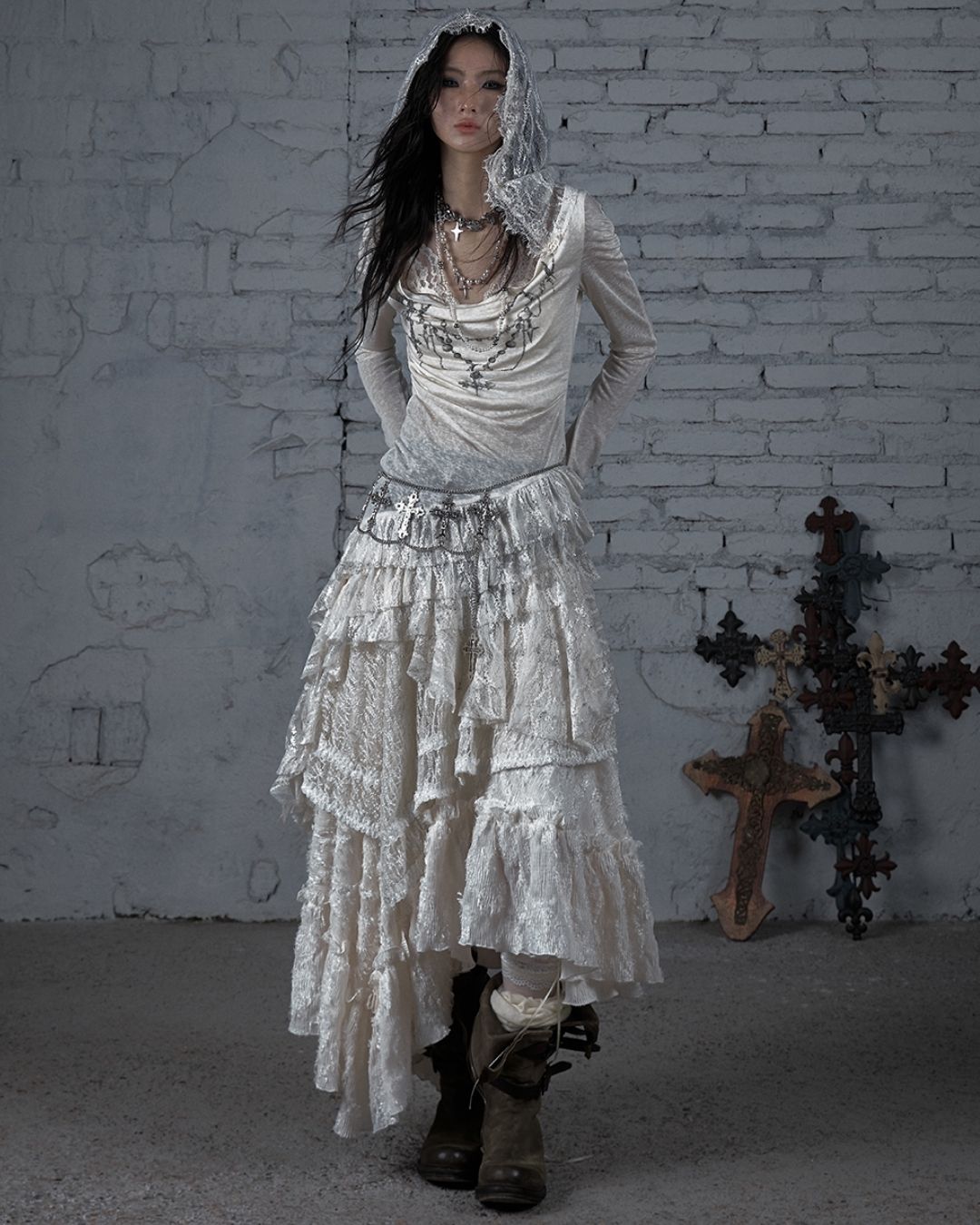 Necklace Print Lace Hooded Dress　DR037