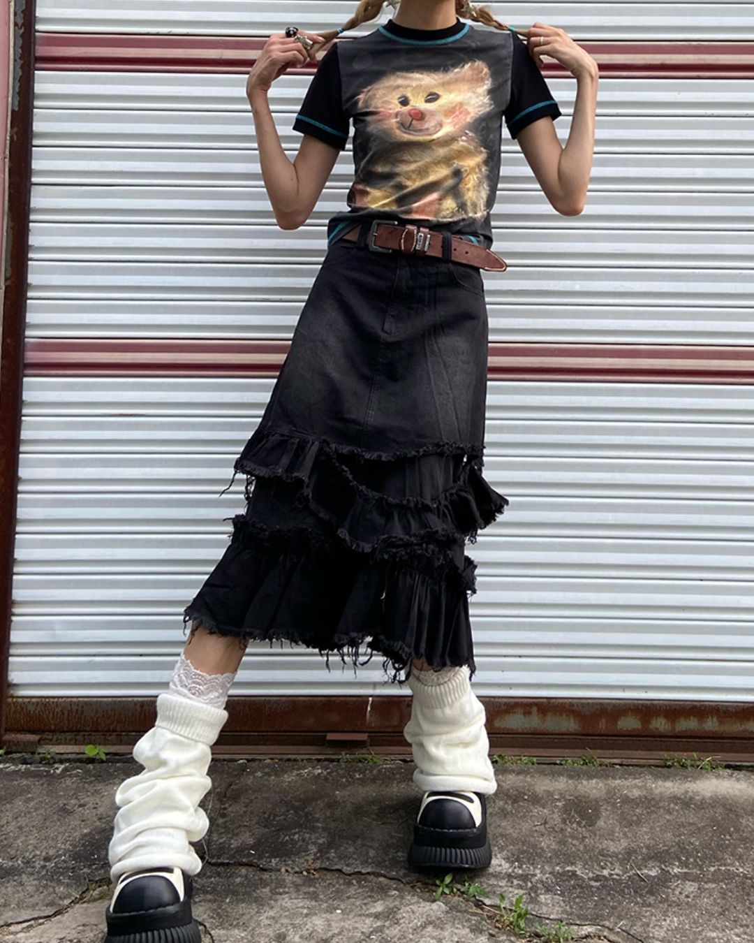 Distressed Denim Frill Midi Skirt　BT021