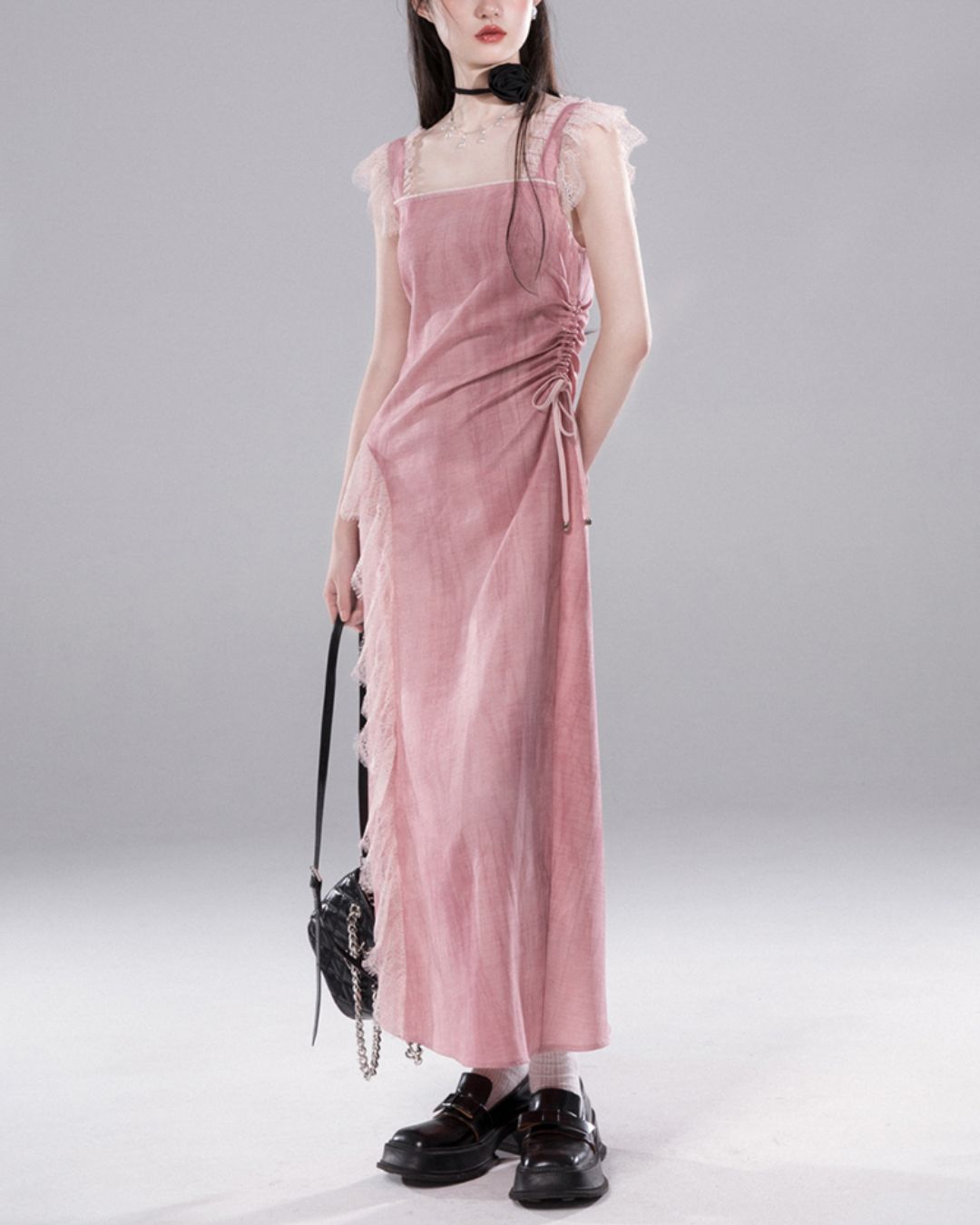 Side Waist Drawstring Lace Embellished Long Dress　DR042