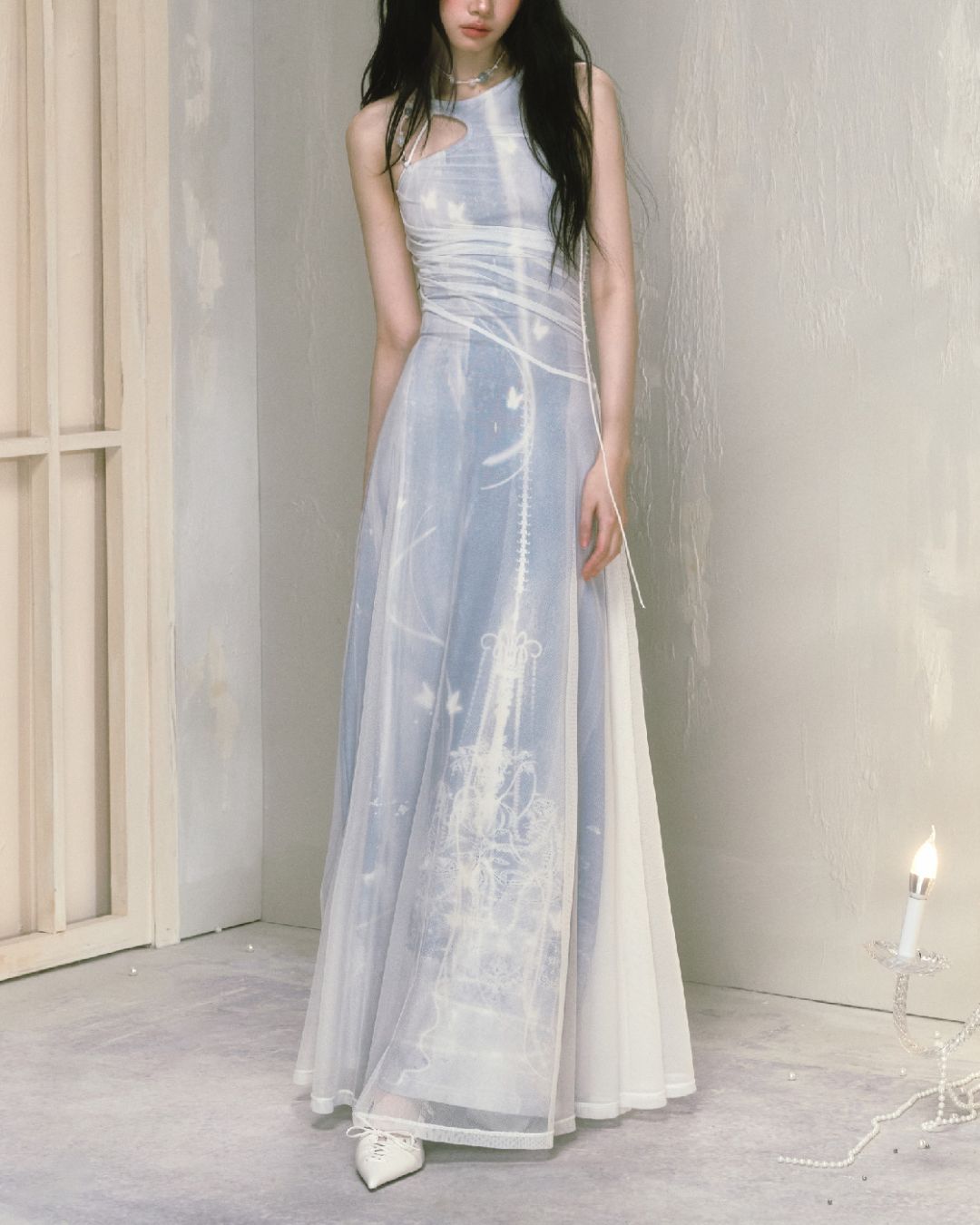 Mesh Print Beaded Halter Neck Long Dress　DR014