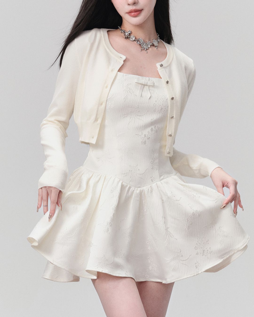 Jacquard Ribbon Camisole Mini Dress　DR022