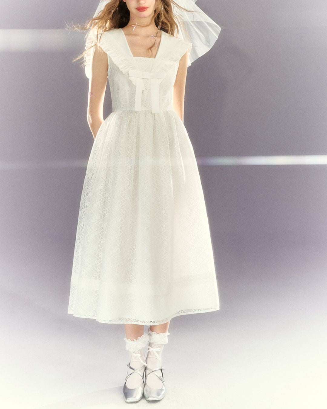 White Lace Sailor Collar Dress　DR023