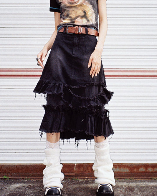 Distressed Denim Frill Midi Skirt　BT021